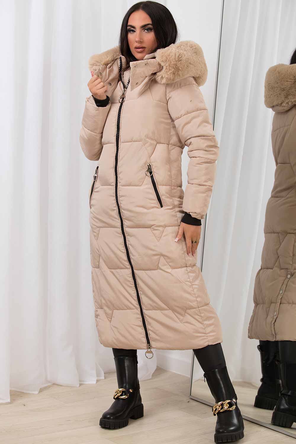 Celestra | Women’s long puffer coat with faux fur hood