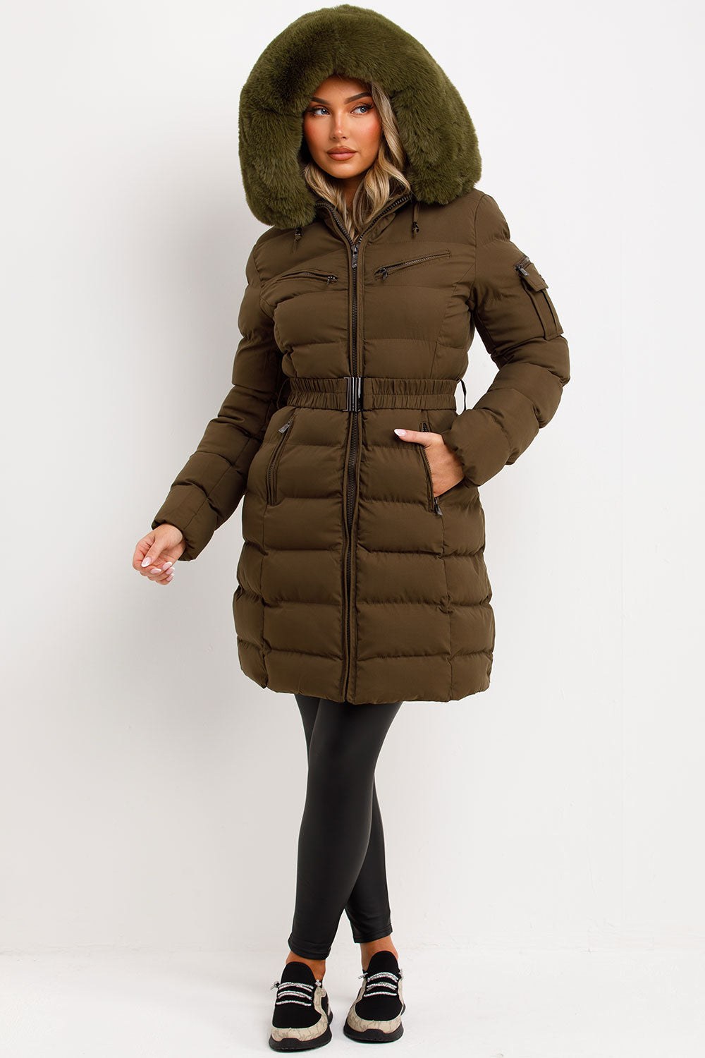 Kahlie | Women’s long belted puffer jacket with faux fur hood