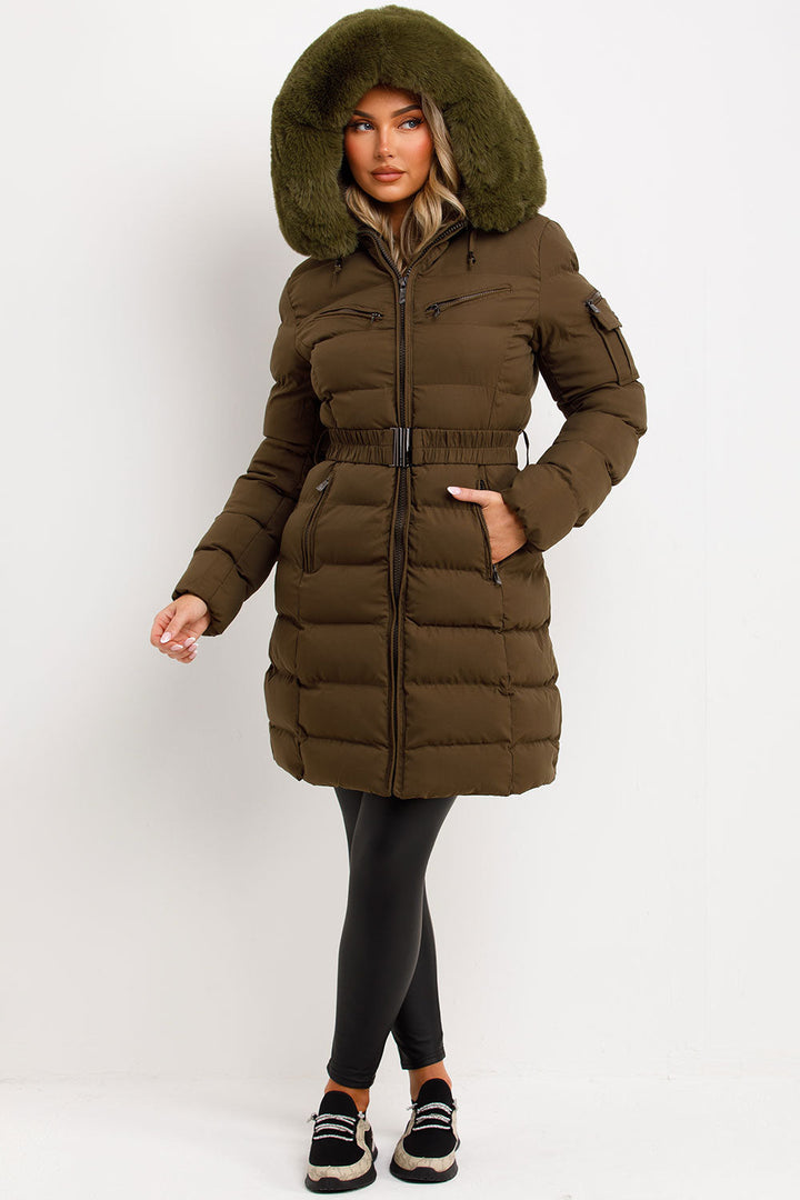 Kahlie | Women’s long belted puffer jacket with faux fur hood