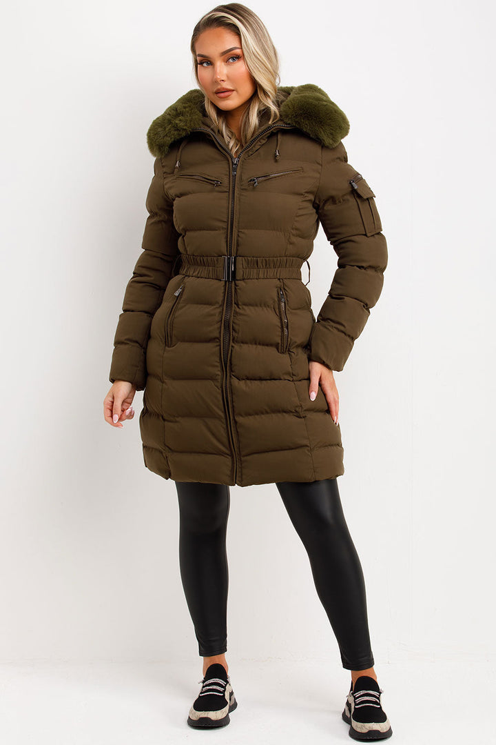 Kahlie | Women’s long belted puffer jacket with faux fur hood