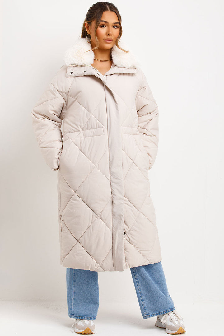 Wrenlee | Women’s long puffer quilted winter coat with faux fur collar