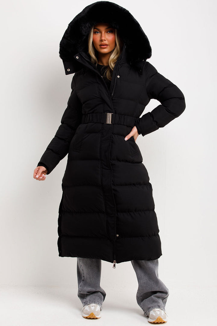 Corinne | Long puffer coat with faux fur hood and belt