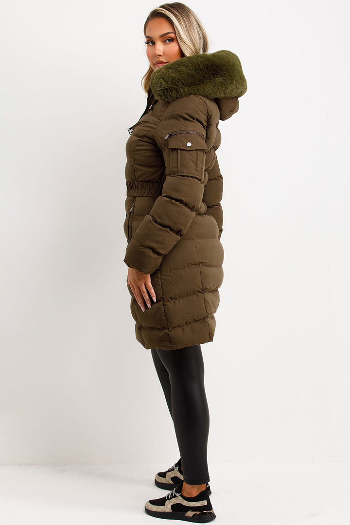 Kahlie | Women’s long belted puffer jacket with faux fur hood