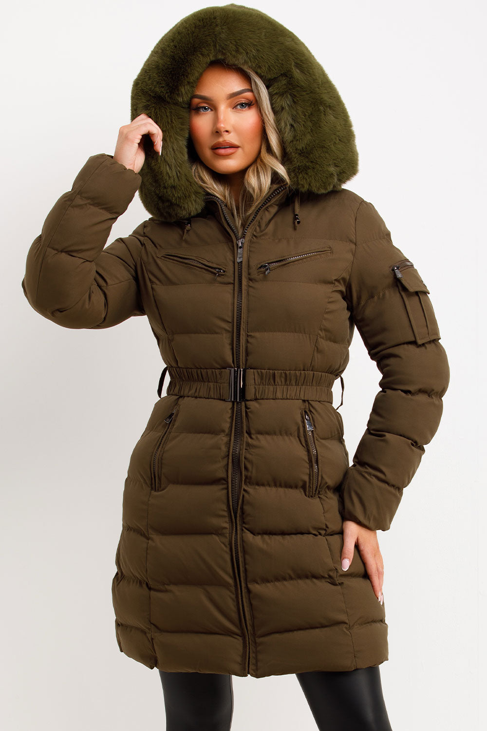 Kahlie | Women’s long belted puffer jacket with faux fur hood
