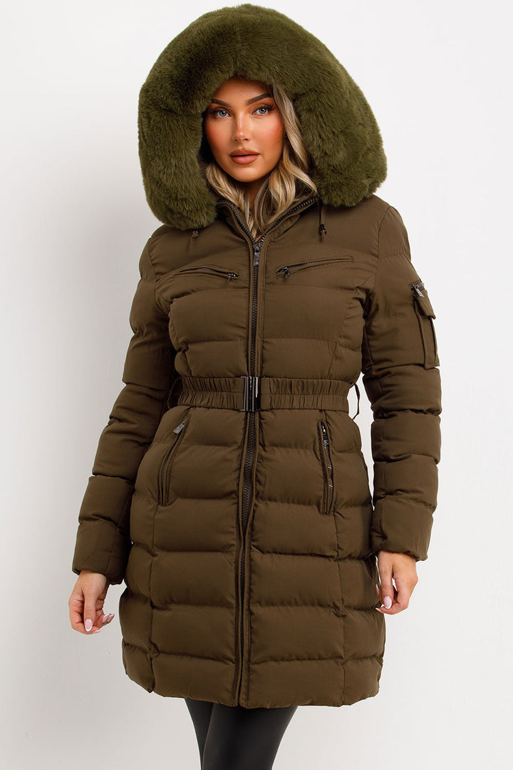 Kahlie | Women’s long belted puffer jacket with faux fur hood