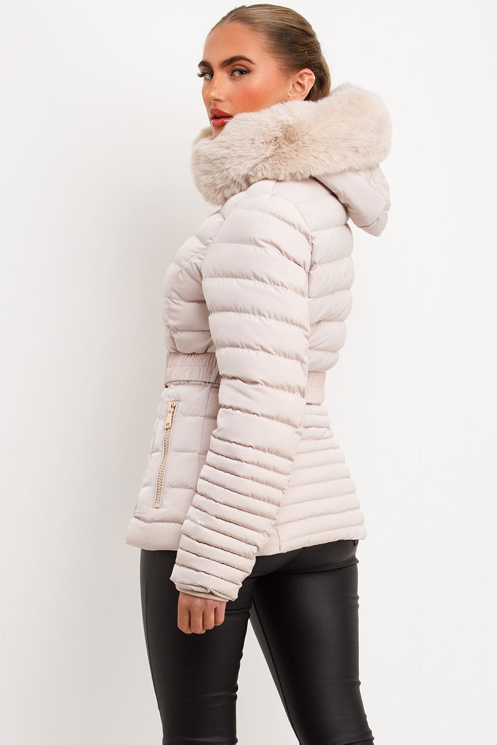 Galilea | Women’s belted puffer jacket with faux fur hood