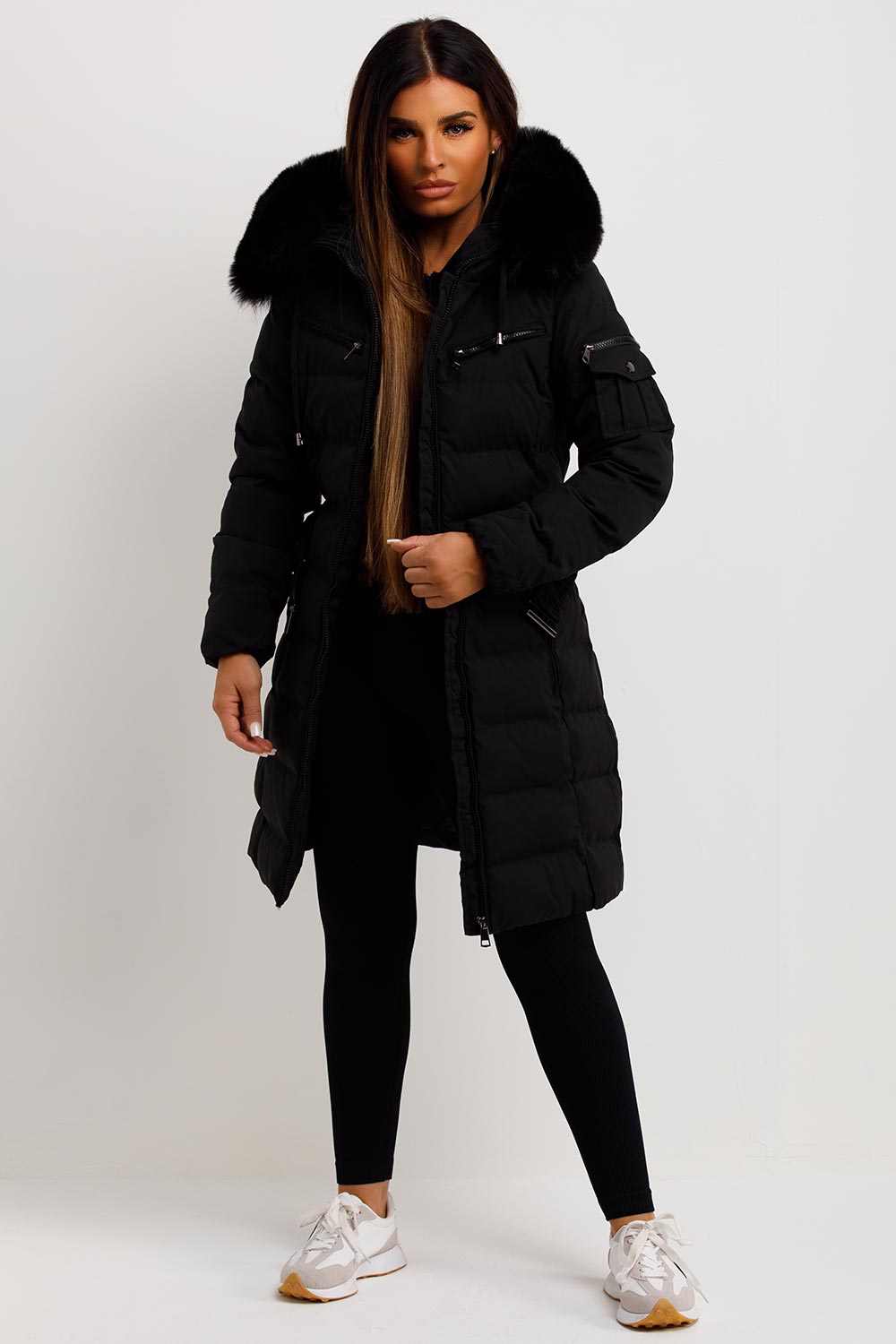 Audrina | Women’s long belted puffer coat with faux-fur hood