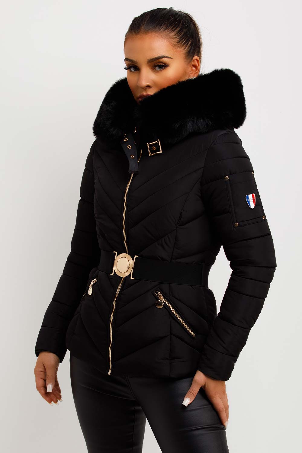 Febby | Women’s belted puffer jacket with faux-fur hood