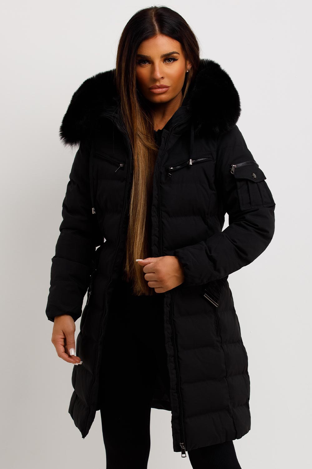 Audrina | Women’s long belted puffer coat with faux-fur hood