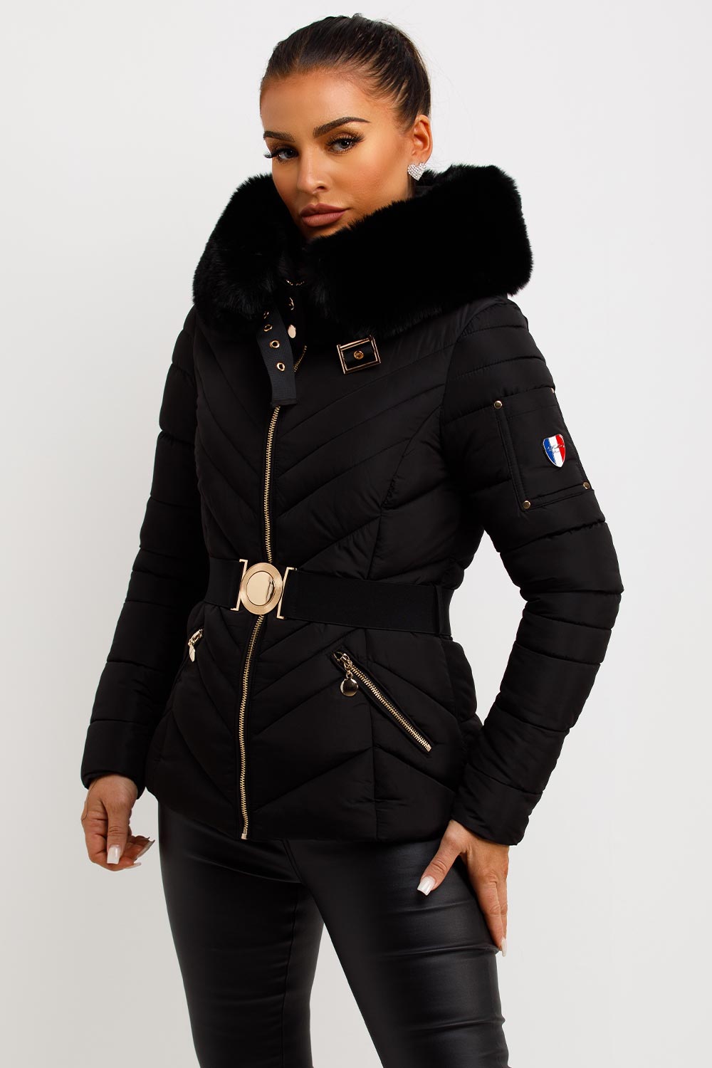 Febby | Women’s belted puffer jacket with faux-fur hood