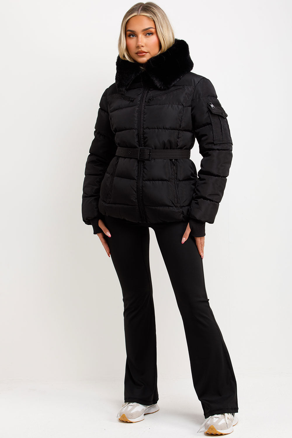Brinlee | Women’s belted puffer jacket with faux fur hood