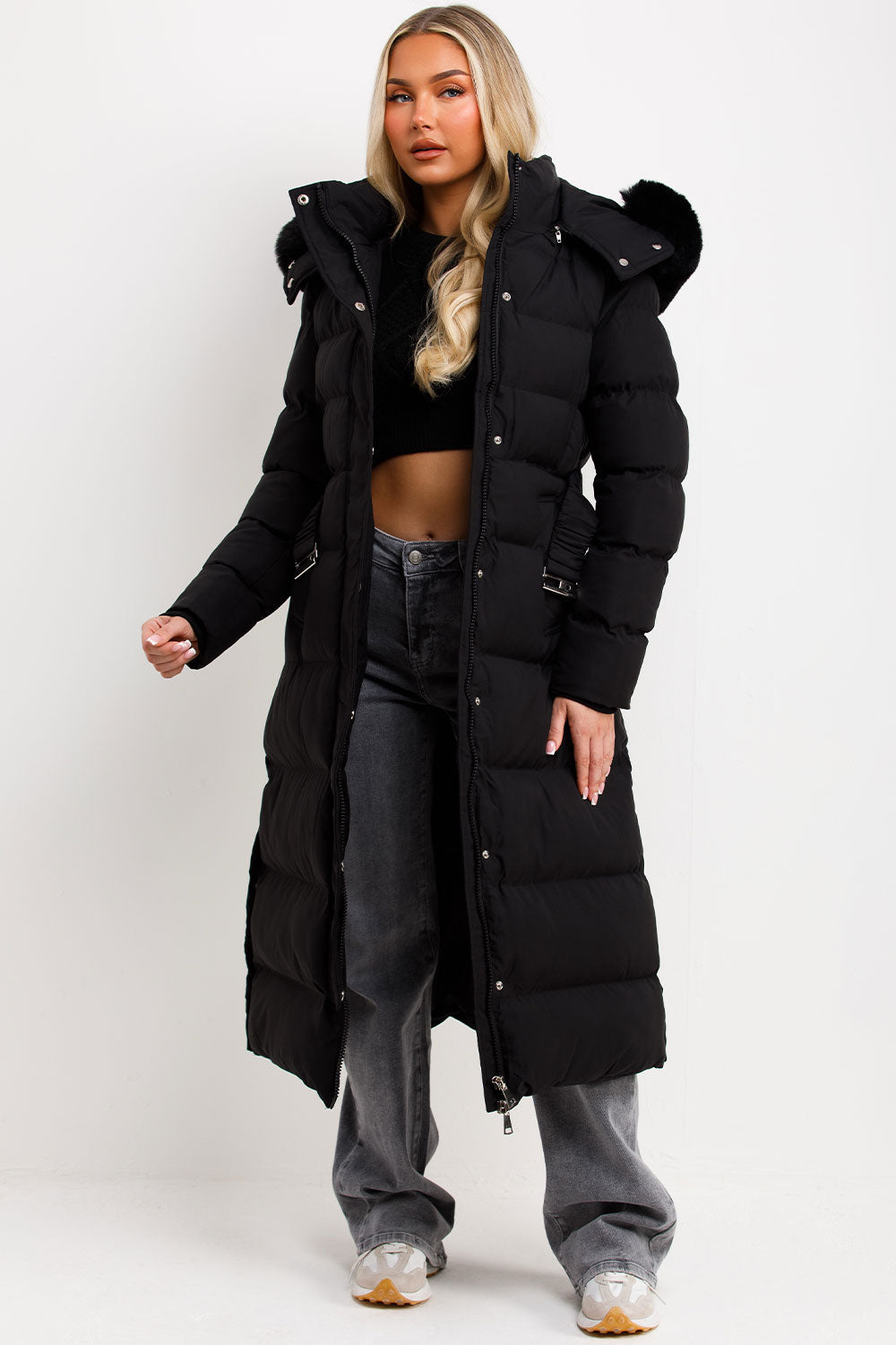 Corinne | Long puffer coat with faux fur hood and belt