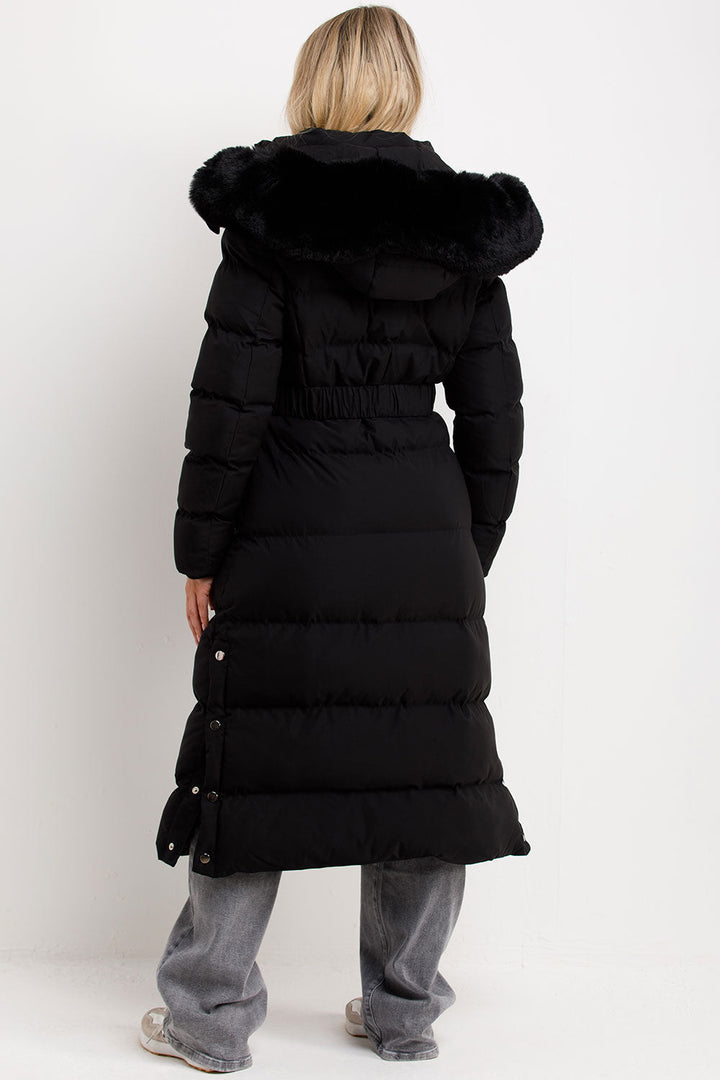 Corinne | Long puffer coat with faux fur hood and belt