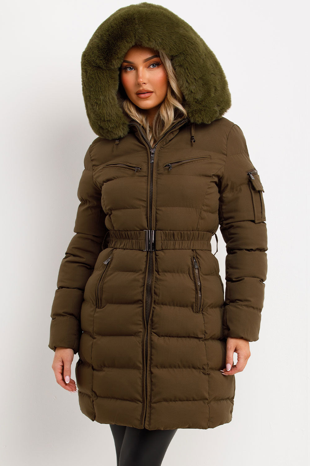 Kahlie | Women’s long belted puffer jacket with faux fur hood