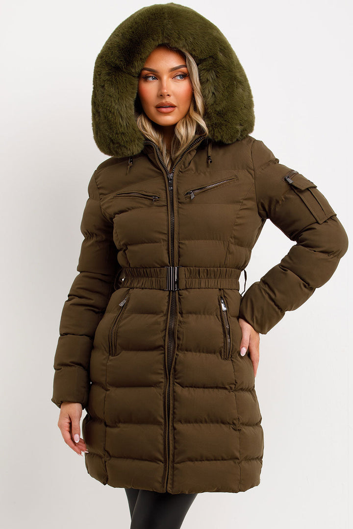 Kahlie | Women’s long belted puffer jacket with faux fur hood