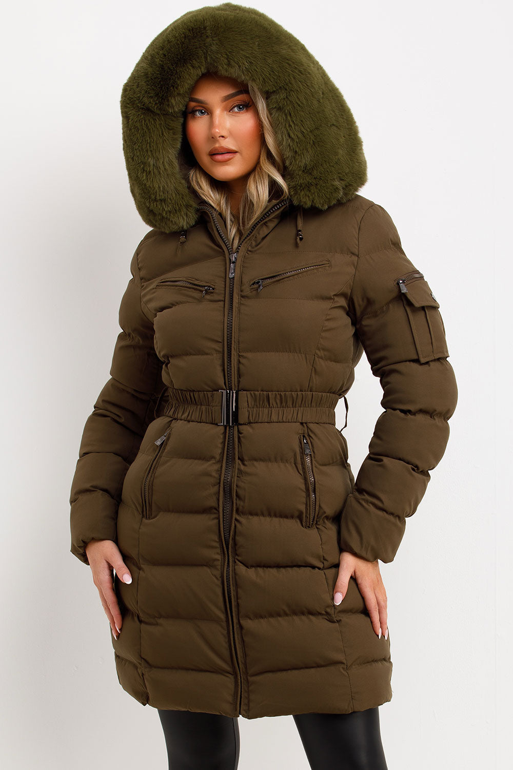 Kahlie | Women’s long belted puffer jacket with faux fur hood