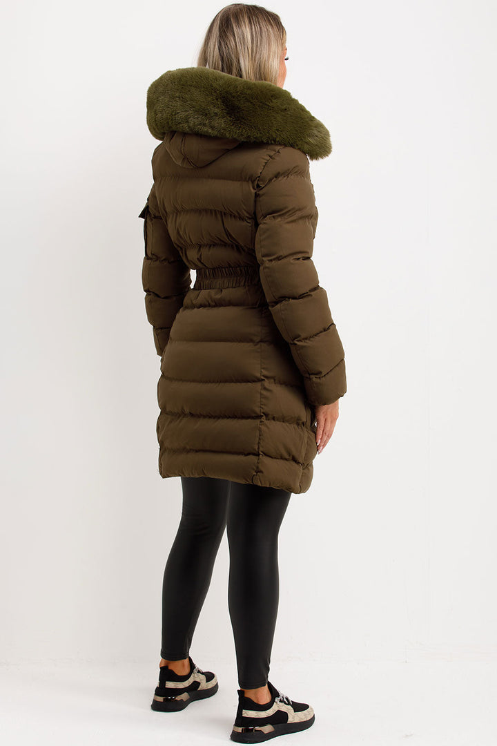Kahlie | Women’s long belted puffer jacket with faux fur hood