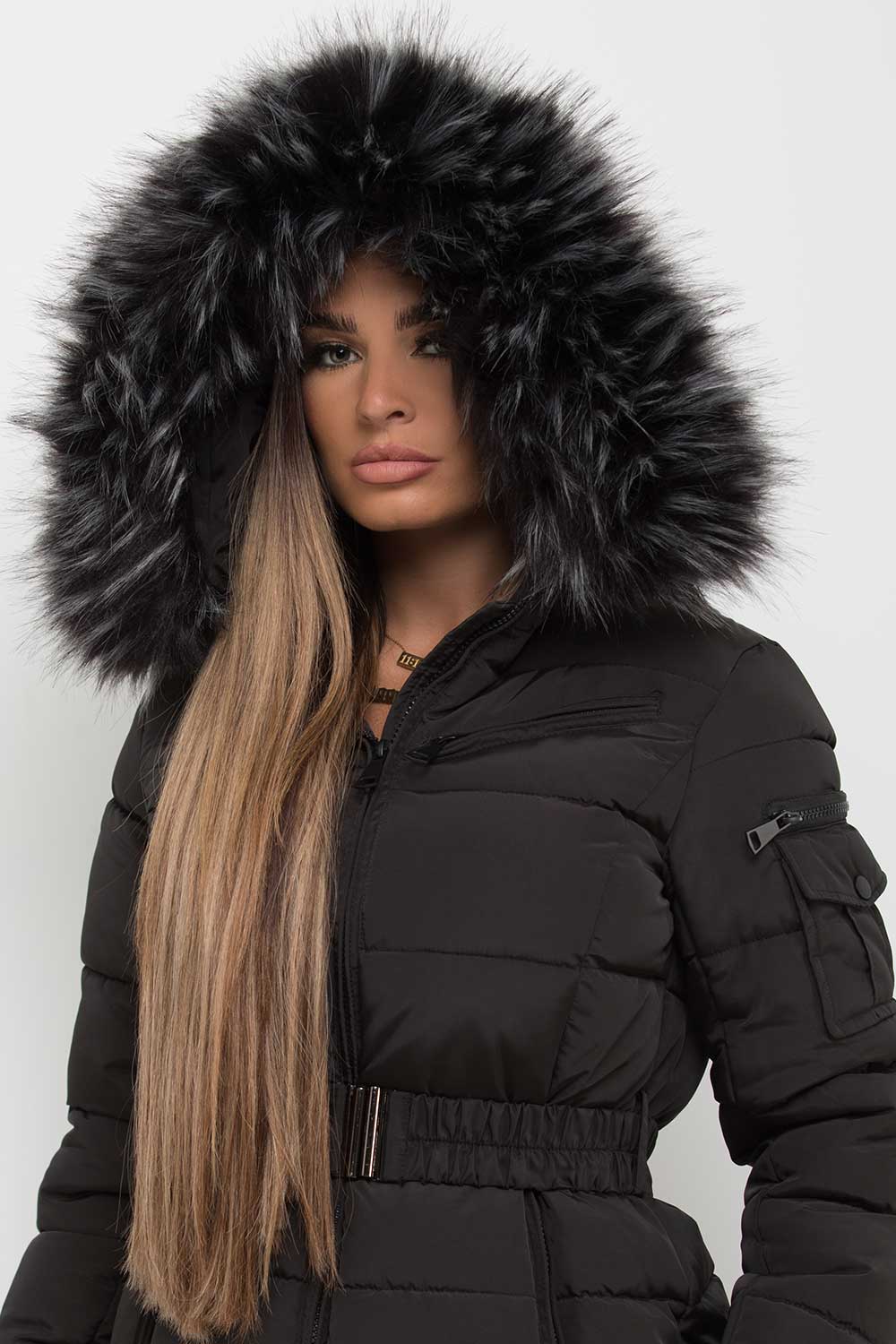 Lux | Women’s belted puffer jacket with faux-fur hood