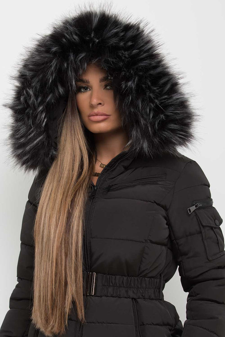 Lux | Women’s belted puffer jacket with faux-fur hood