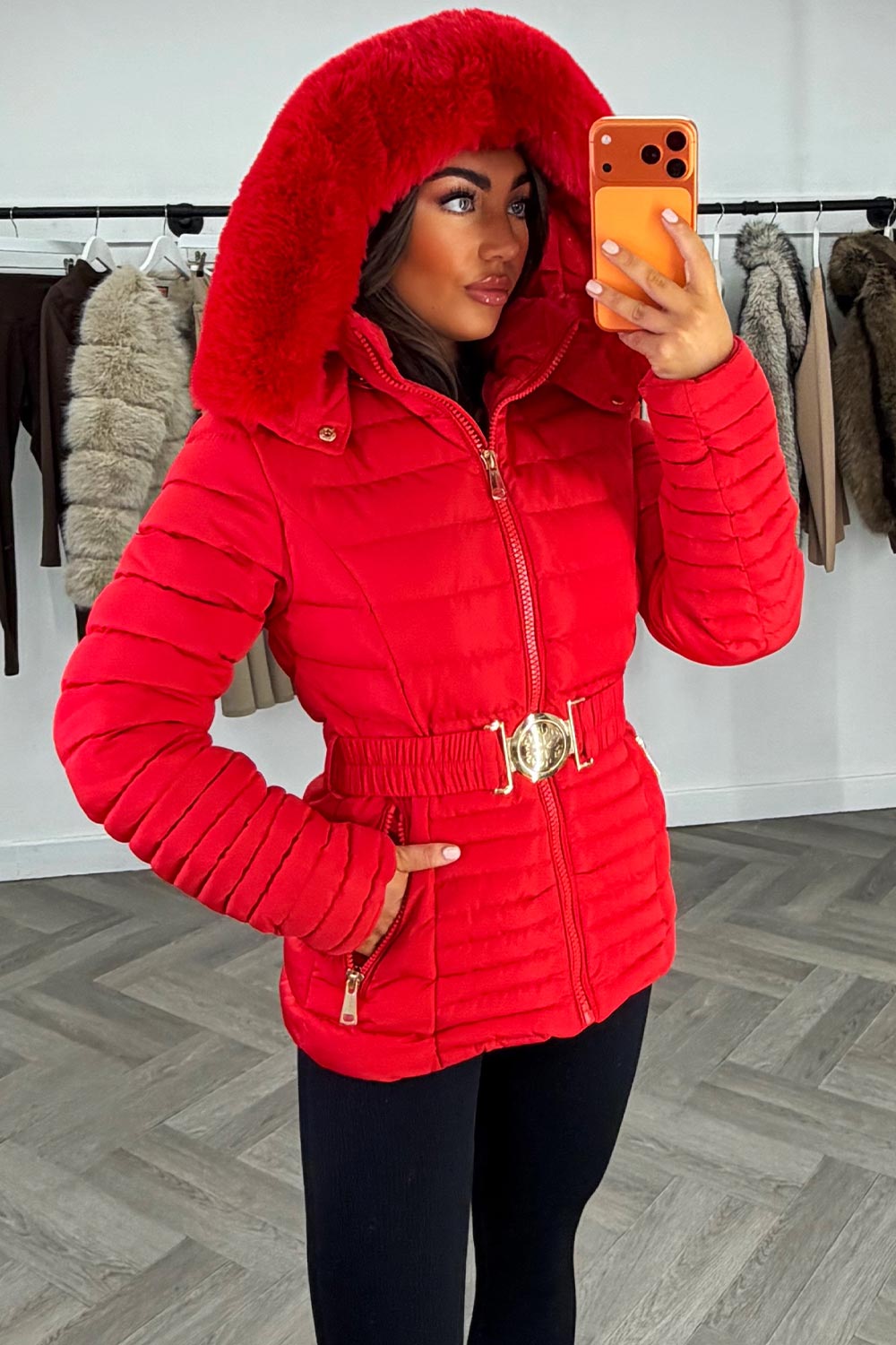 Yara | Women’s fitted puffer jacket with faux fur hood and belt