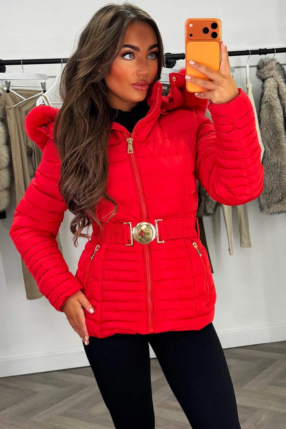 Yara | Women’s fitted puffer jacket with faux fur hood and belt