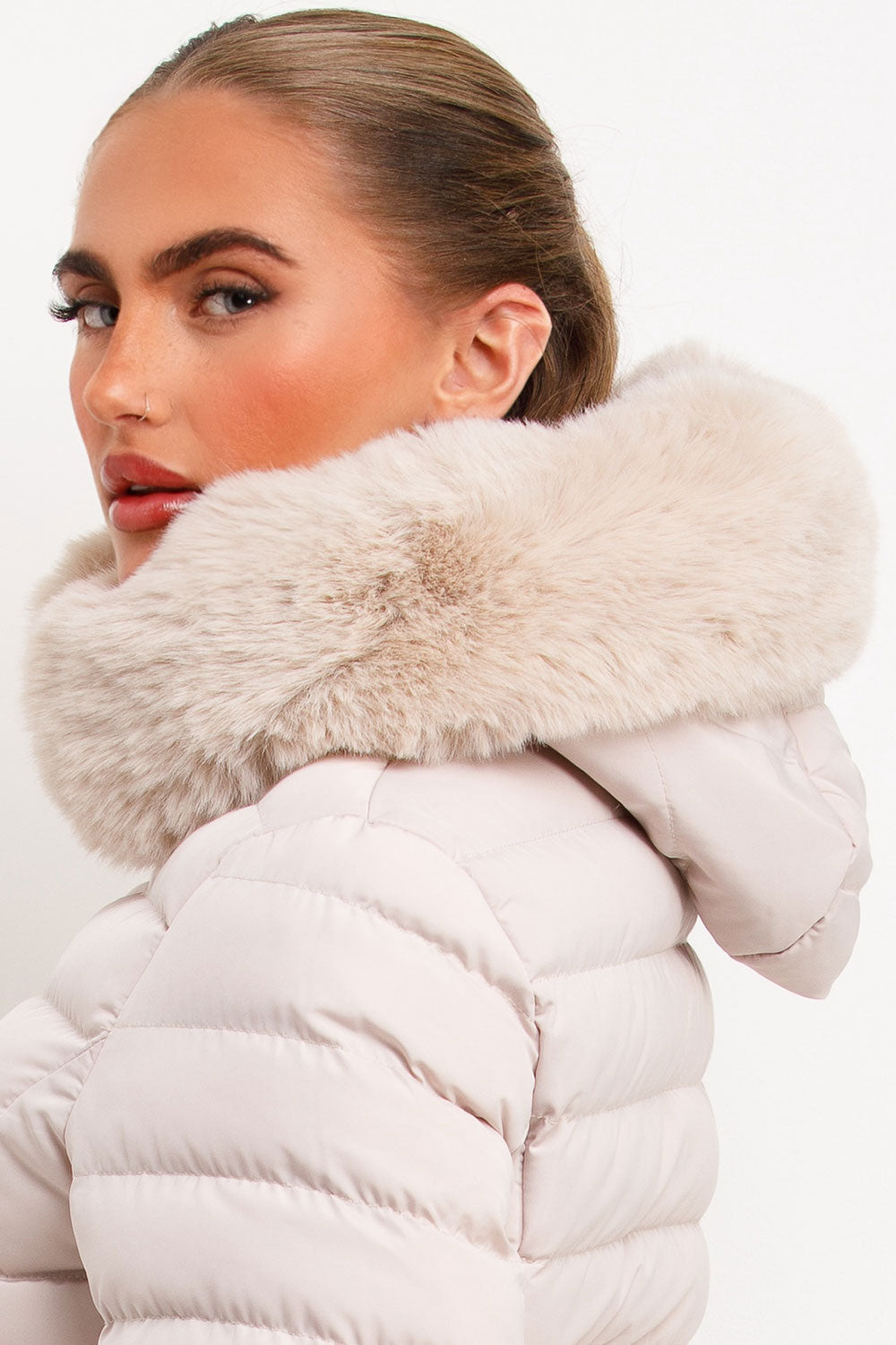 Galilea | Women’s belted puffer jacket with faux fur hood