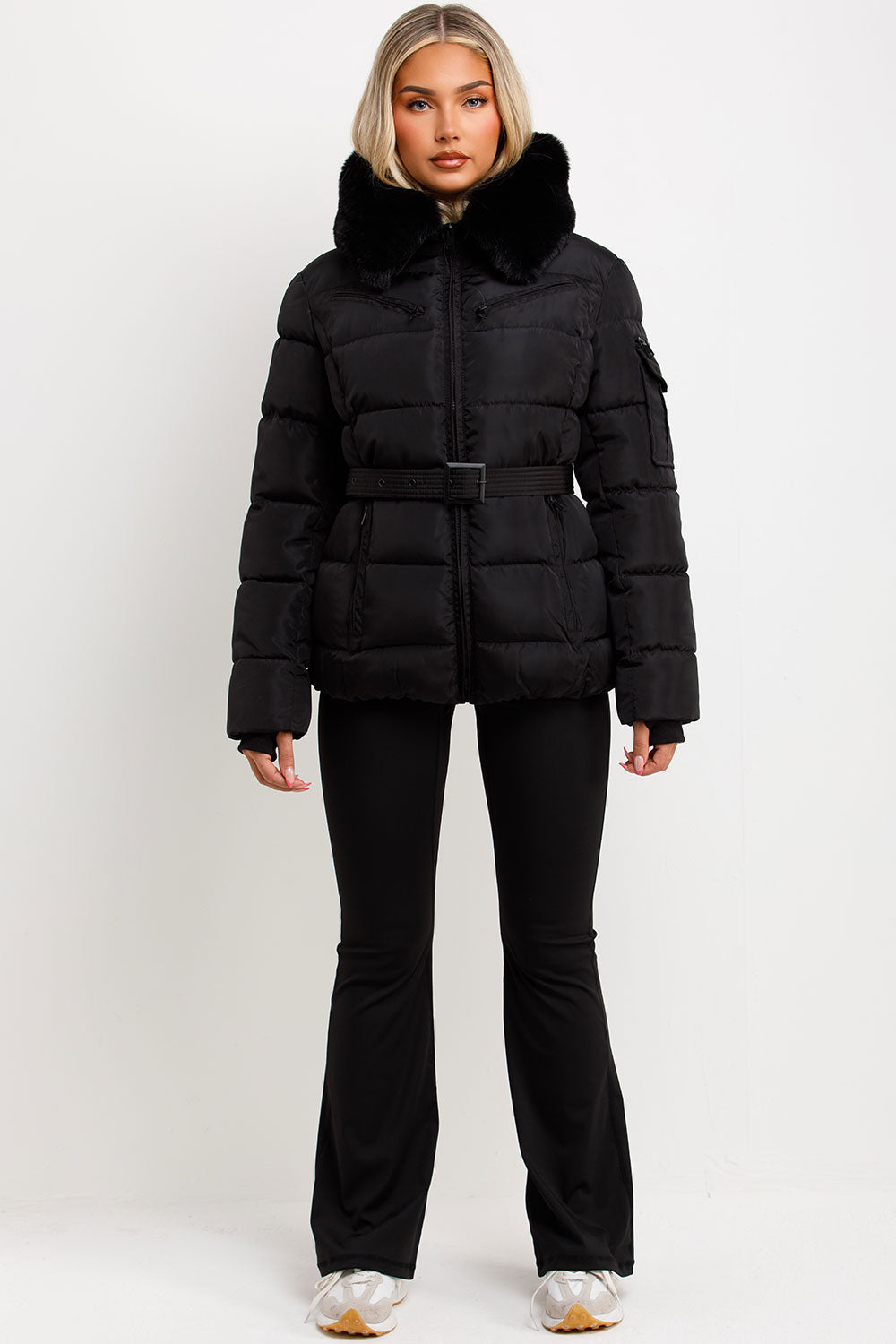 Brinlee | Women’s belted puffer jacket with faux fur hood