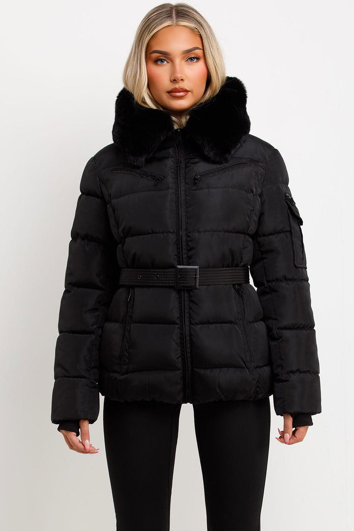 Brinlee | Women’s belted puffer jacket with faux fur hood