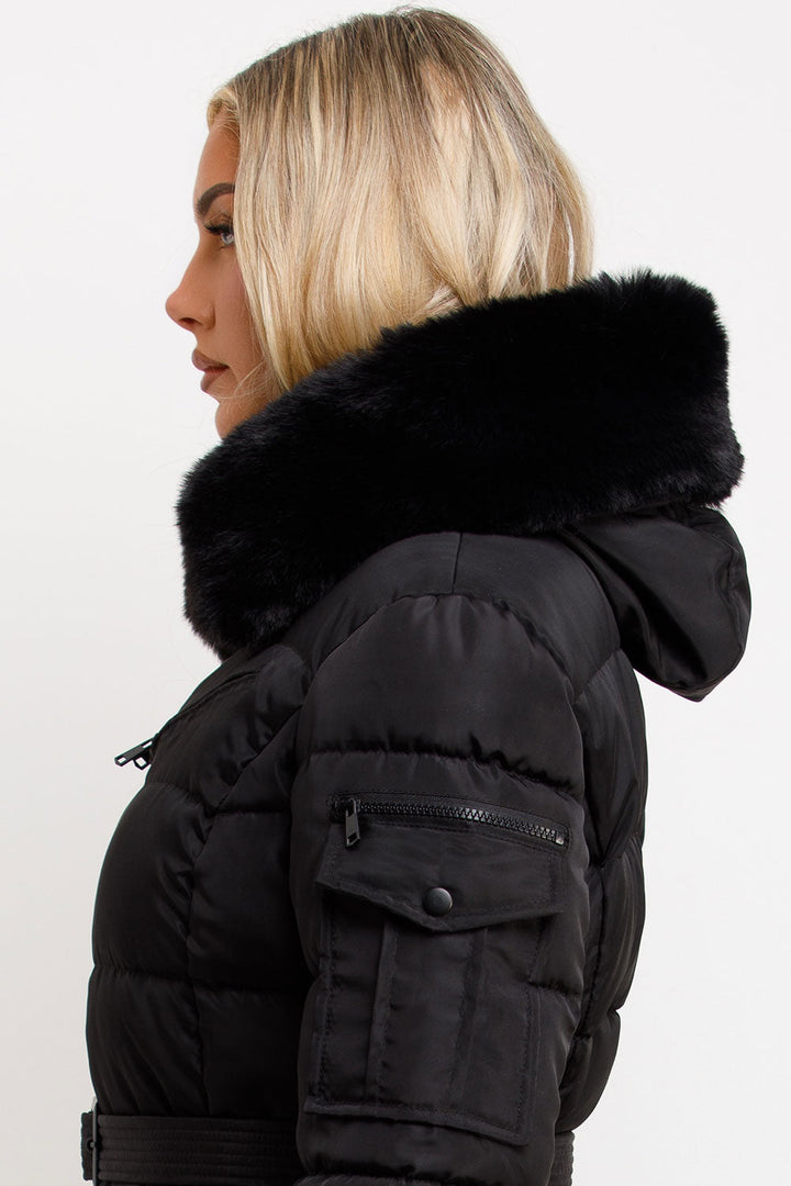 Brinlee | Women’s belted puffer jacket with faux fur hood