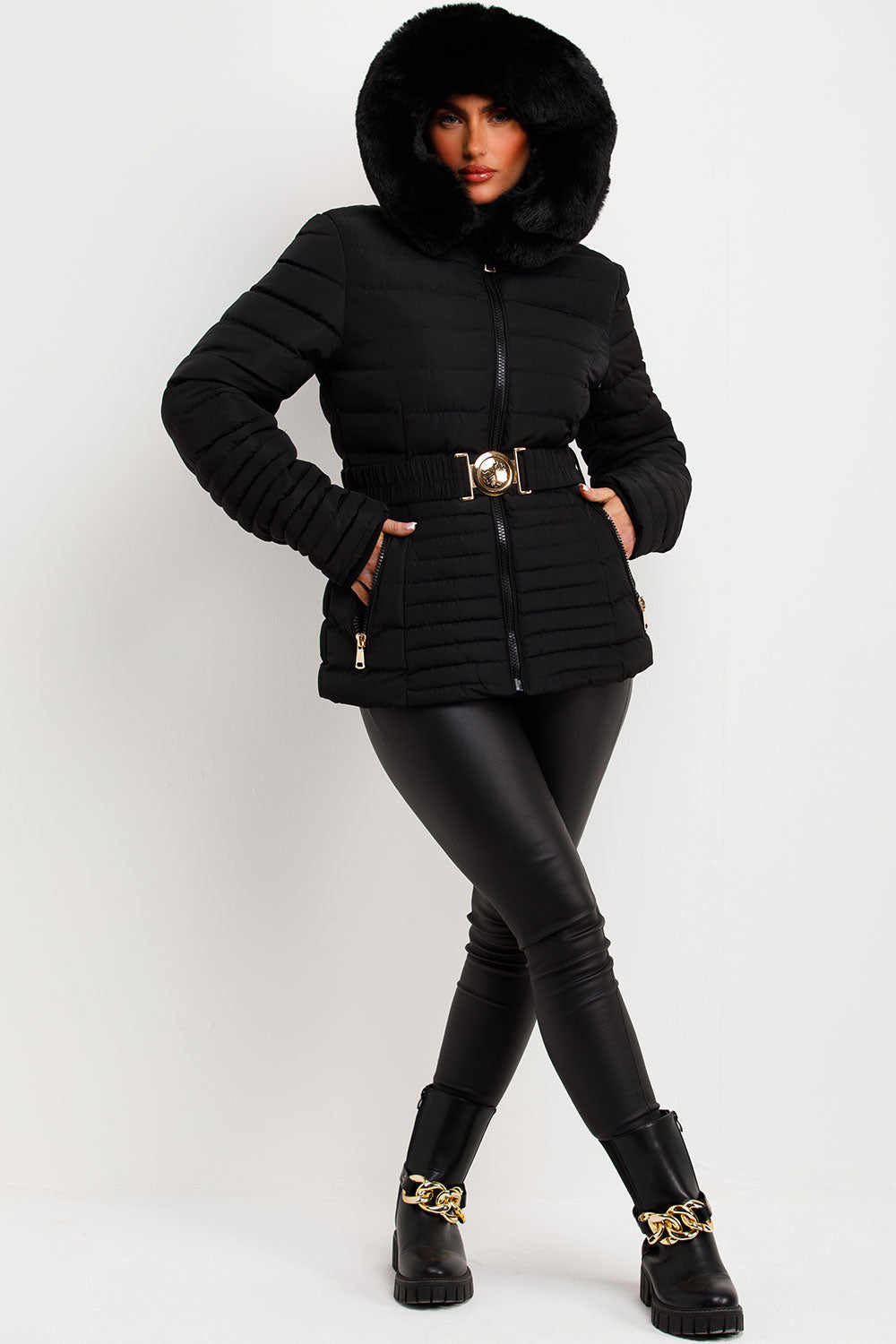 Malina | Women’s belted puffer jacket with faux fur hood