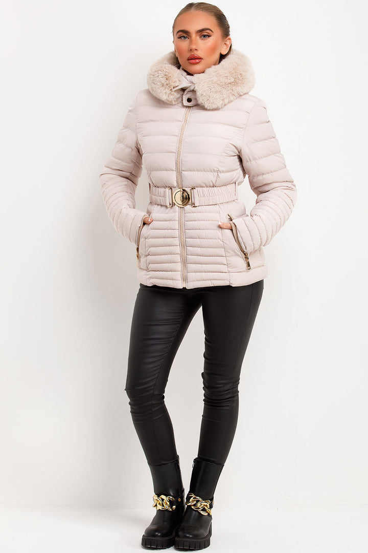 Galilea | Women’s belted puffer jacket with faux fur hood