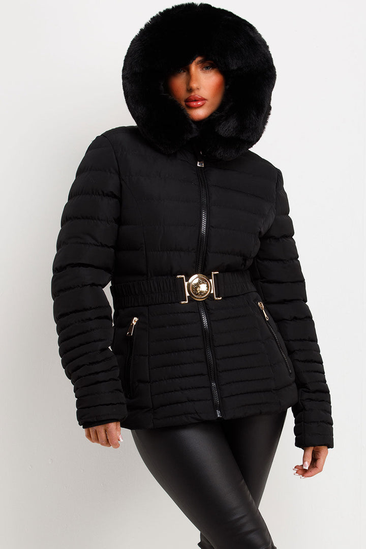 Malina | Women’s belted puffer jacket with faux fur hood