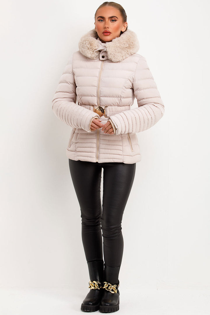 Galilea | Women’s belted puffer jacket with faux fur hood
