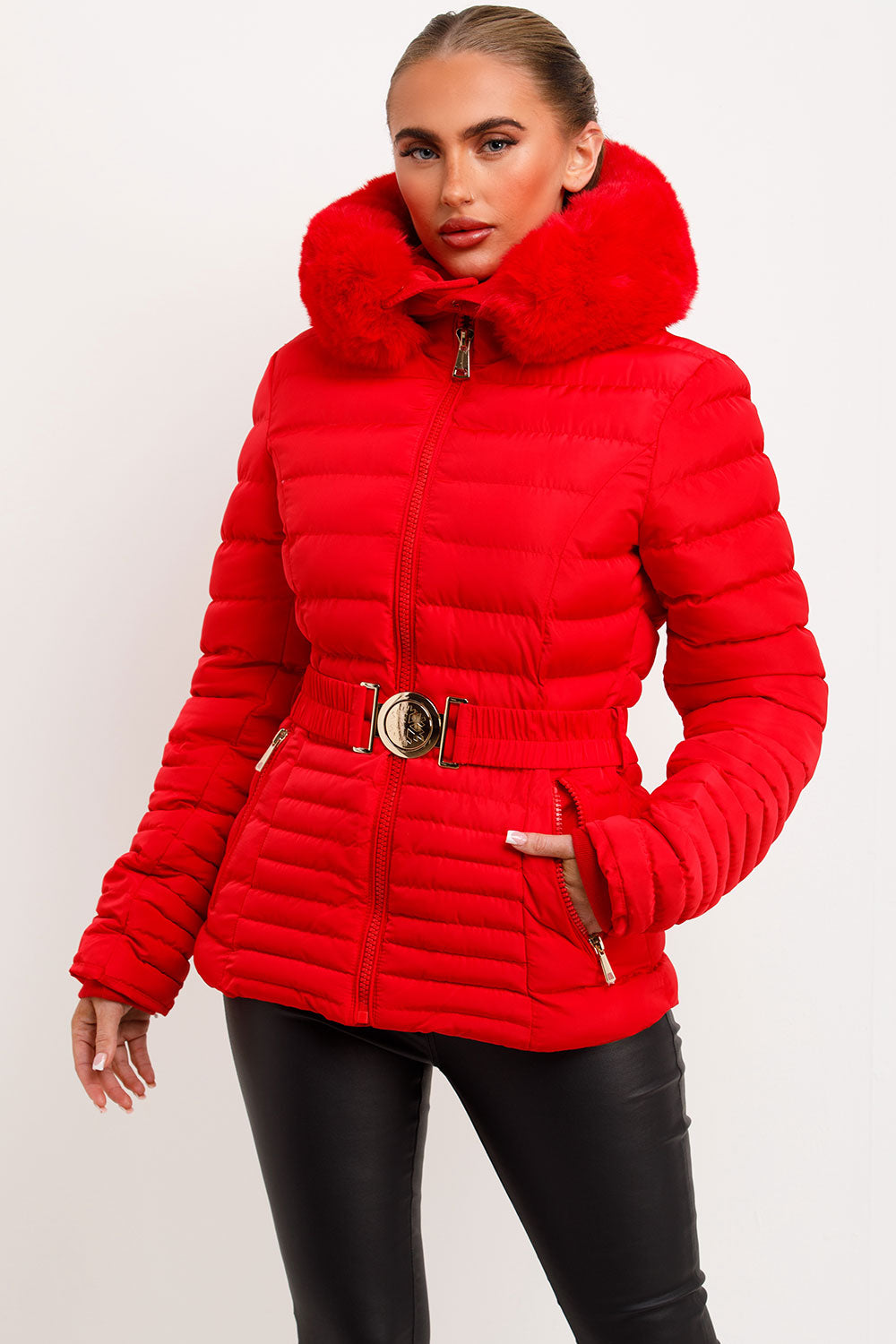Yara | Women’s fitted puffer jacket with faux fur hood and belt