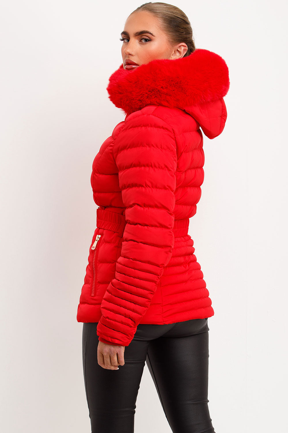 Yara | Women’s fitted puffer jacket with faux fur hood and belt