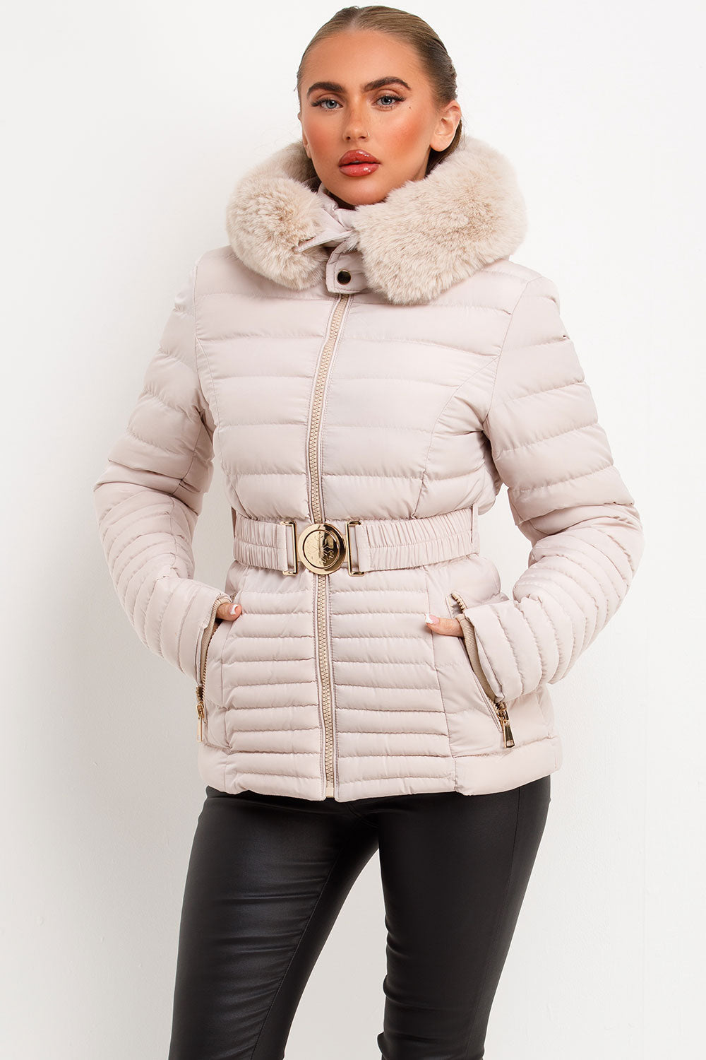 Galilea | Women’s belted puffer jacket with faux fur hood