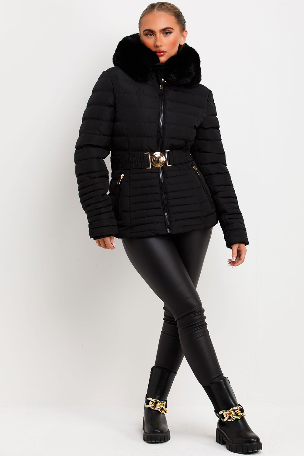 Malina | Women’s belted puffer jacket with faux fur hood