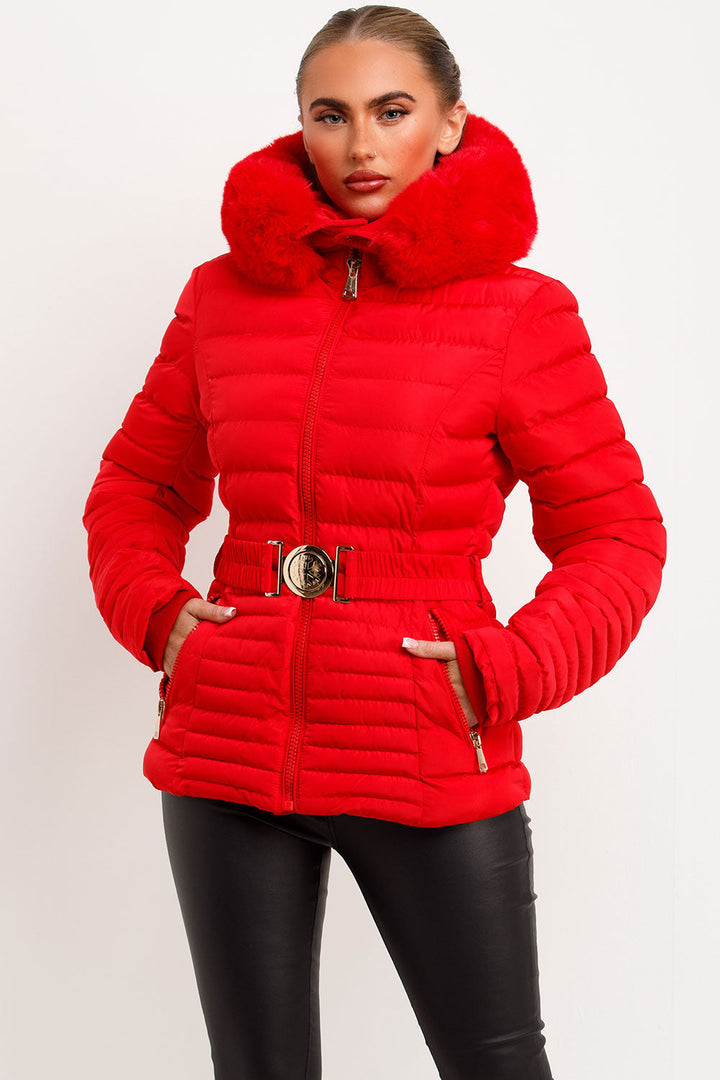 Yara | Women’s fitted puffer jacket with faux fur hood and belt