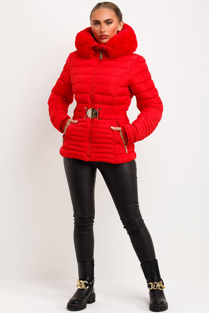 Yara | Women’s fitted puffer jacket with faux fur hood and belt