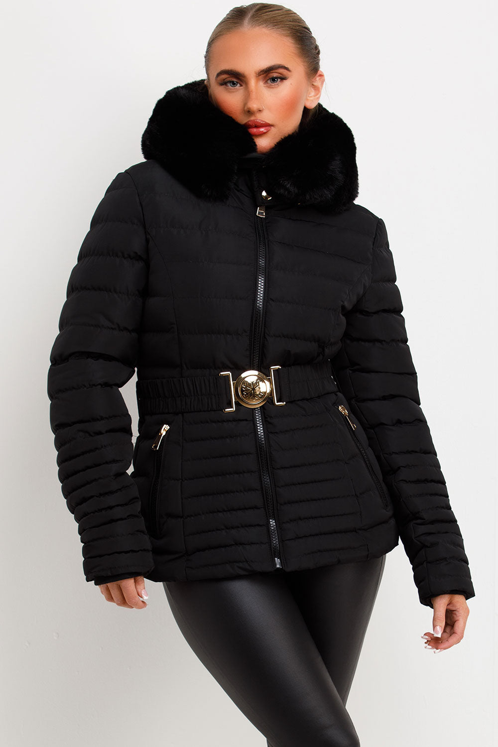 Malina | Women’s belted puffer jacket with faux fur hood