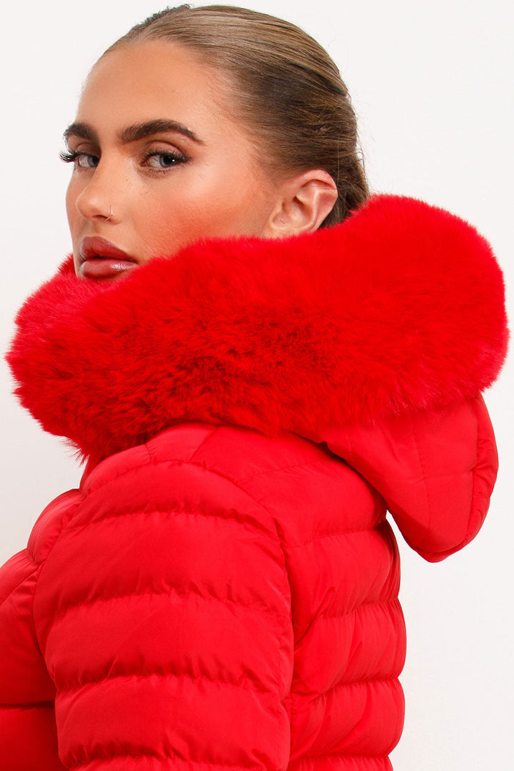 Yara | Women’s fitted puffer jacket with faux fur hood and belt