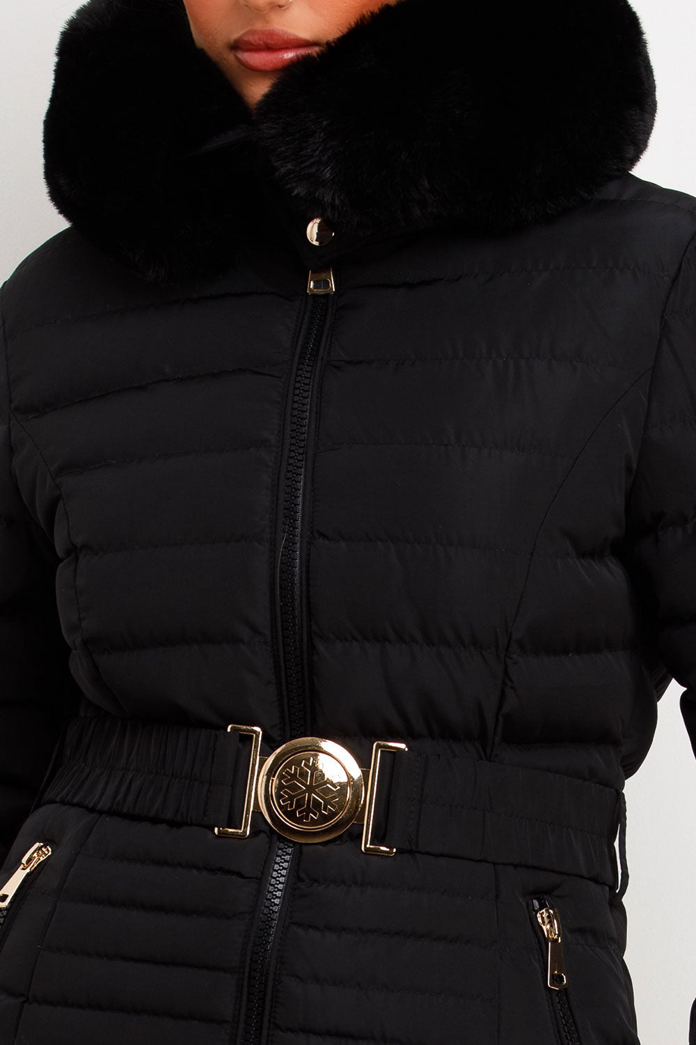 Malina | Women’s belted puffer jacket with faux fur hood