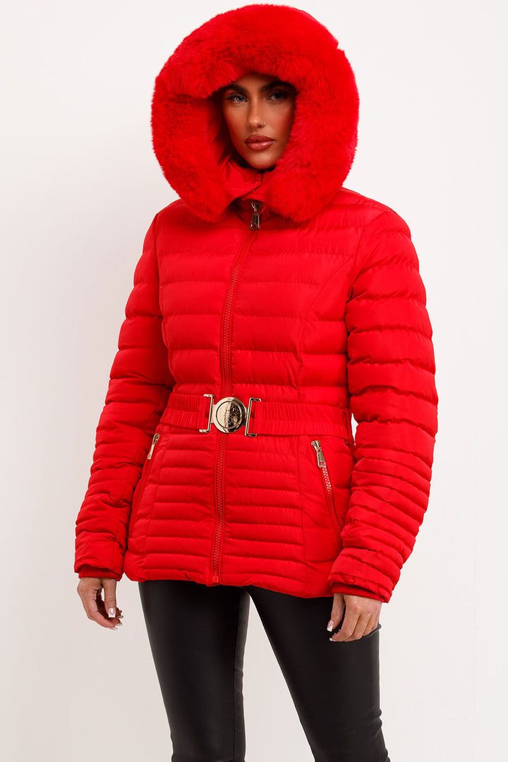 Yara | Women’s fitted puffer jacket with faux fur hood and belt