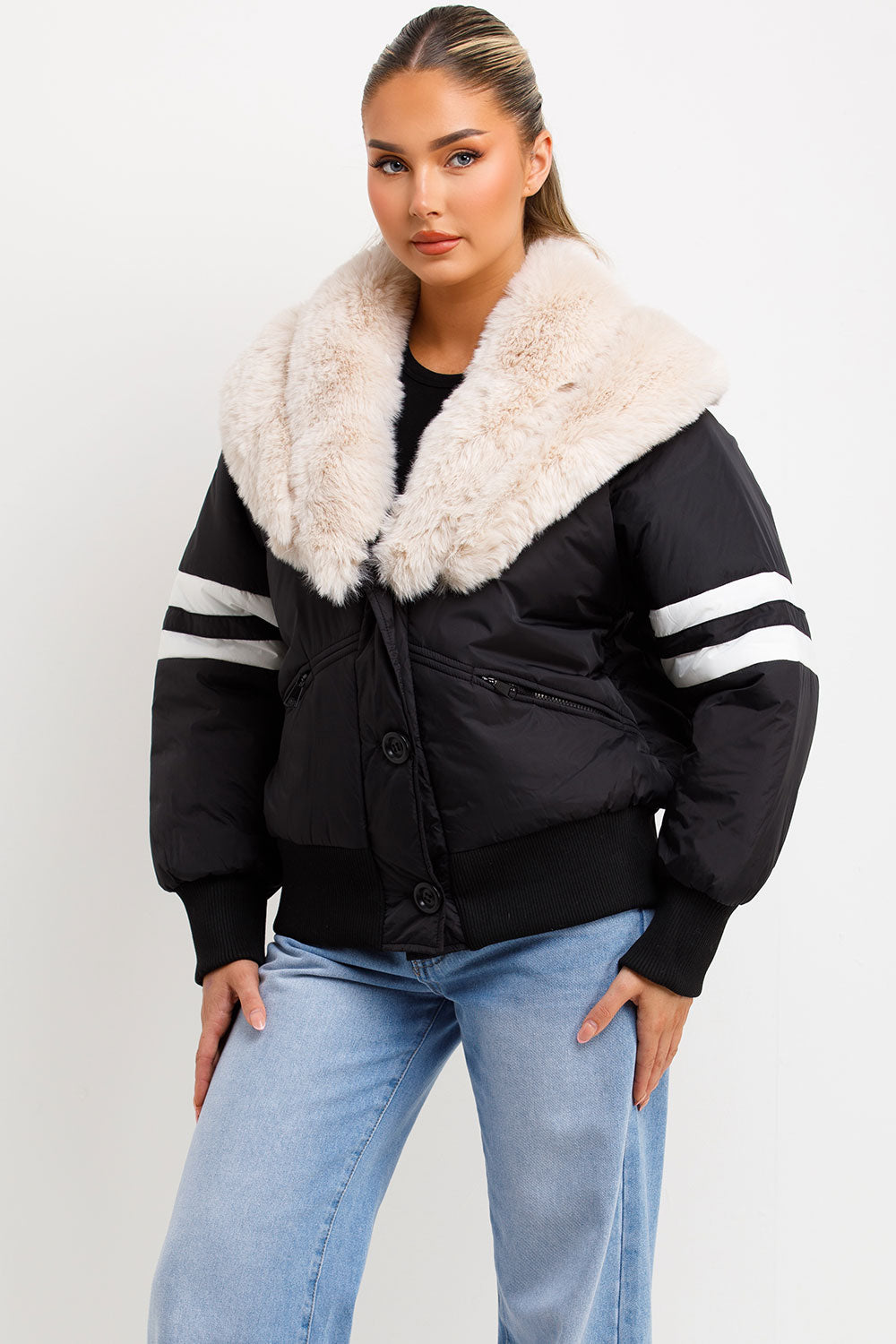 Calyra | Women’s aviator bomber jacket with faux fur collar