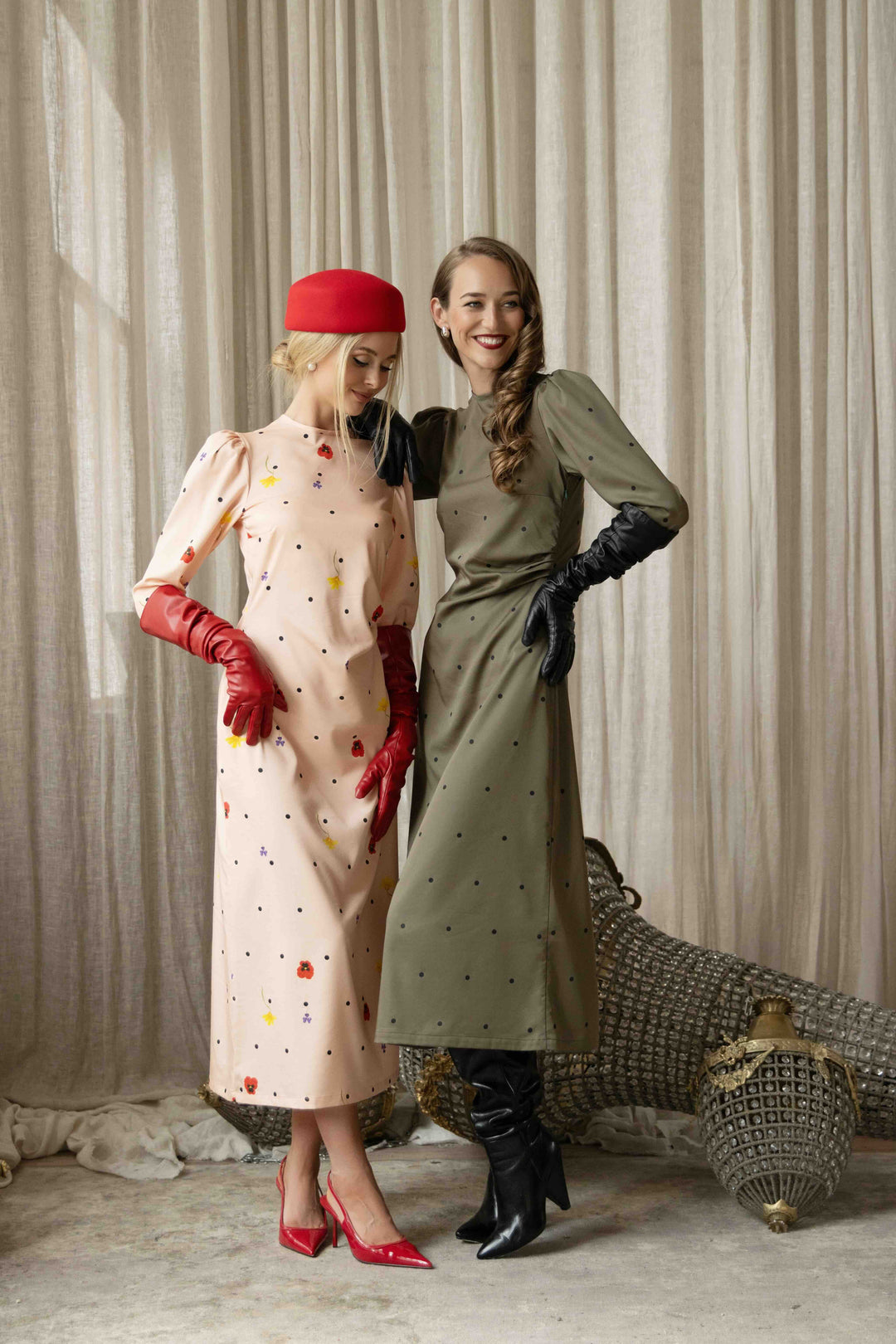 Ariana | Women’s long-sleeve midi dress with ribbon-tie back cutout and polka dot design