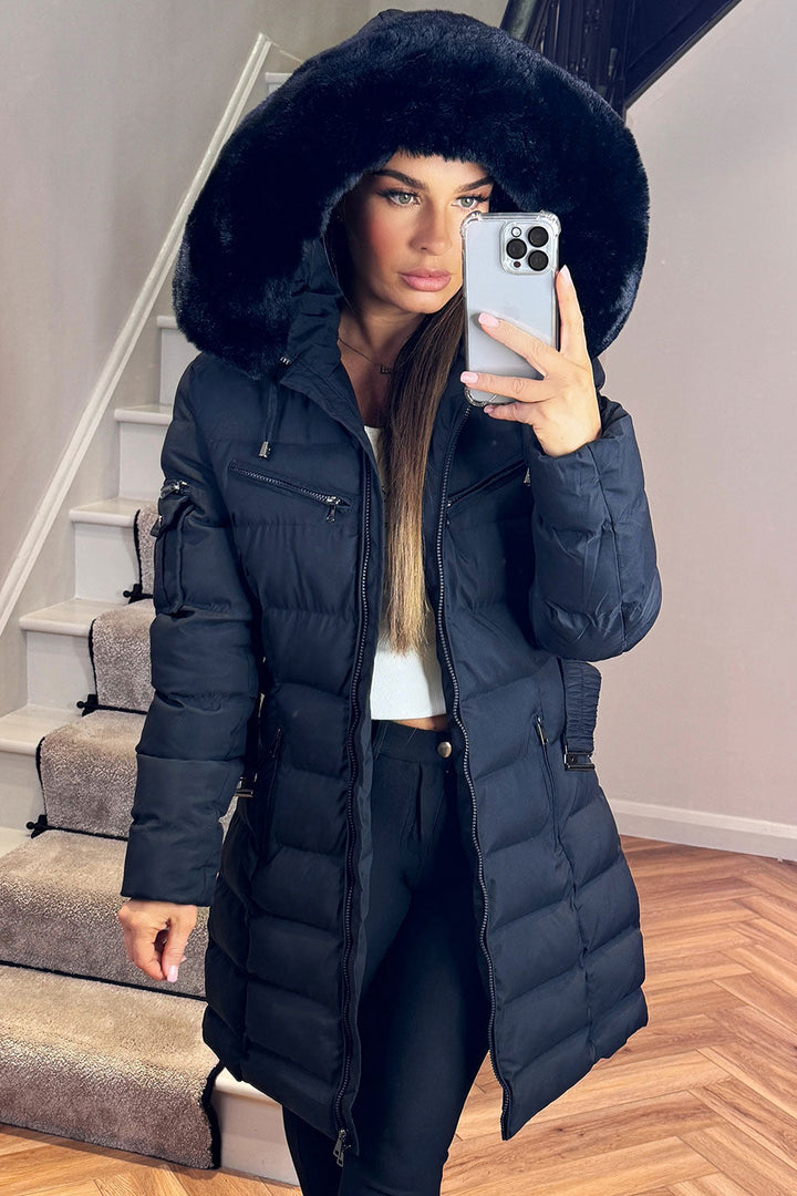 Audrina | Women’s long belted puffer coat with faux-fur hood