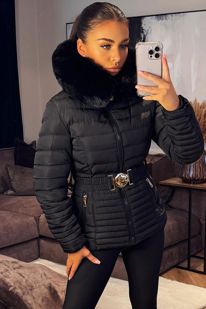 Malina | Women’s belted puffer jacket with faux fur hood