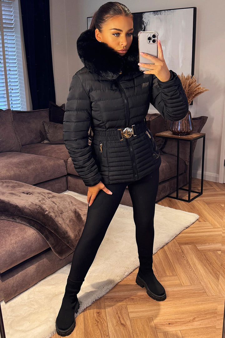 Malina | Women’s belted puffer jacket with faux fur hood
