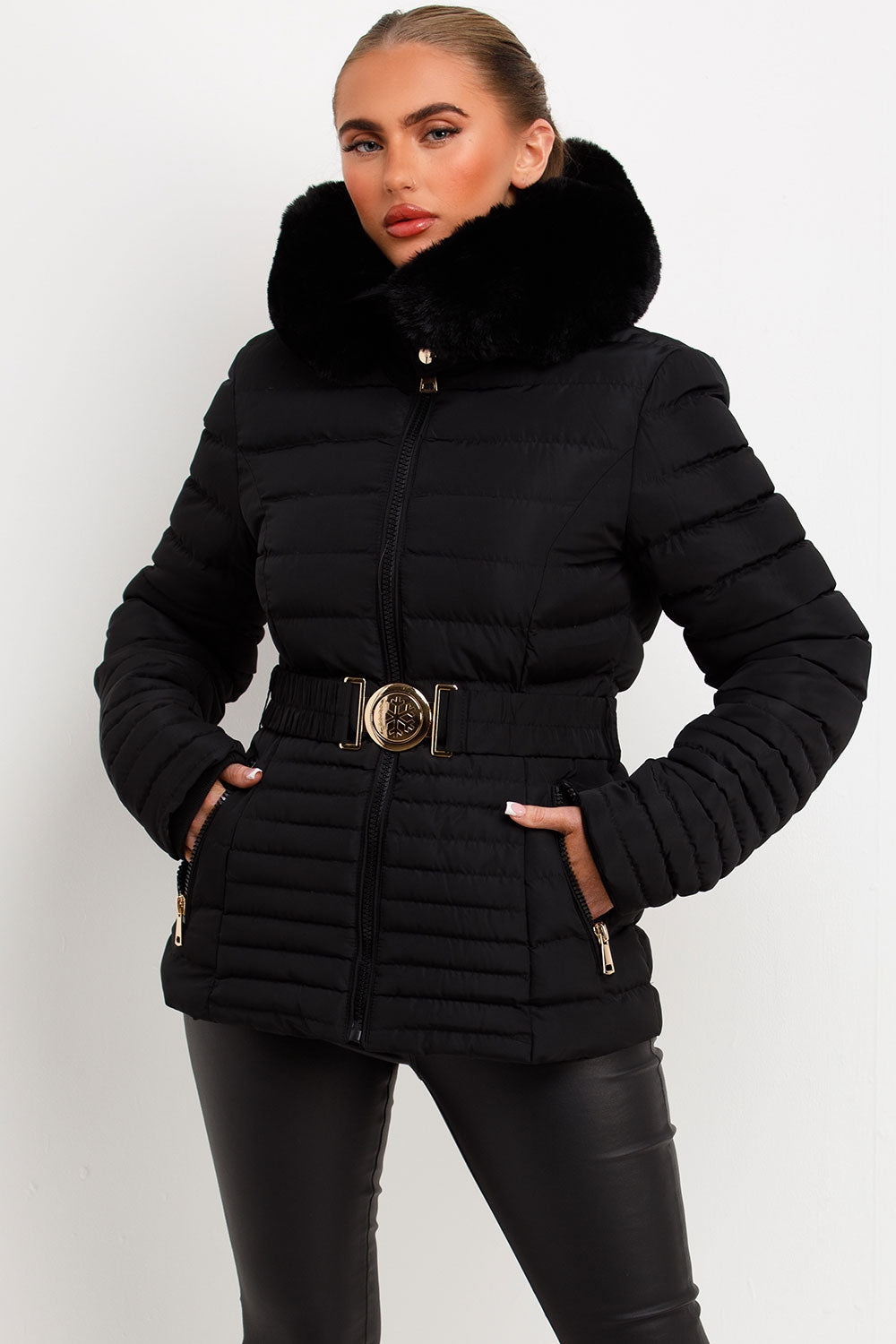 Malina | Women’s belted puffer jacket with faux fur hood