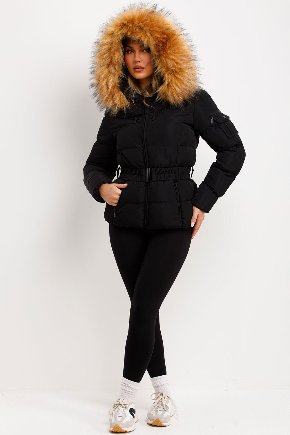 Maisyn | Women’s belted puffer jacket with faux fur hood